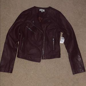 Faux leather motto jacket.